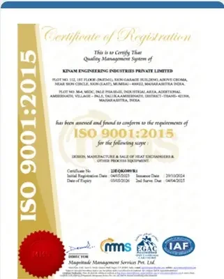ISO certification of Kinam Engineering Industries heat exchanger facility
